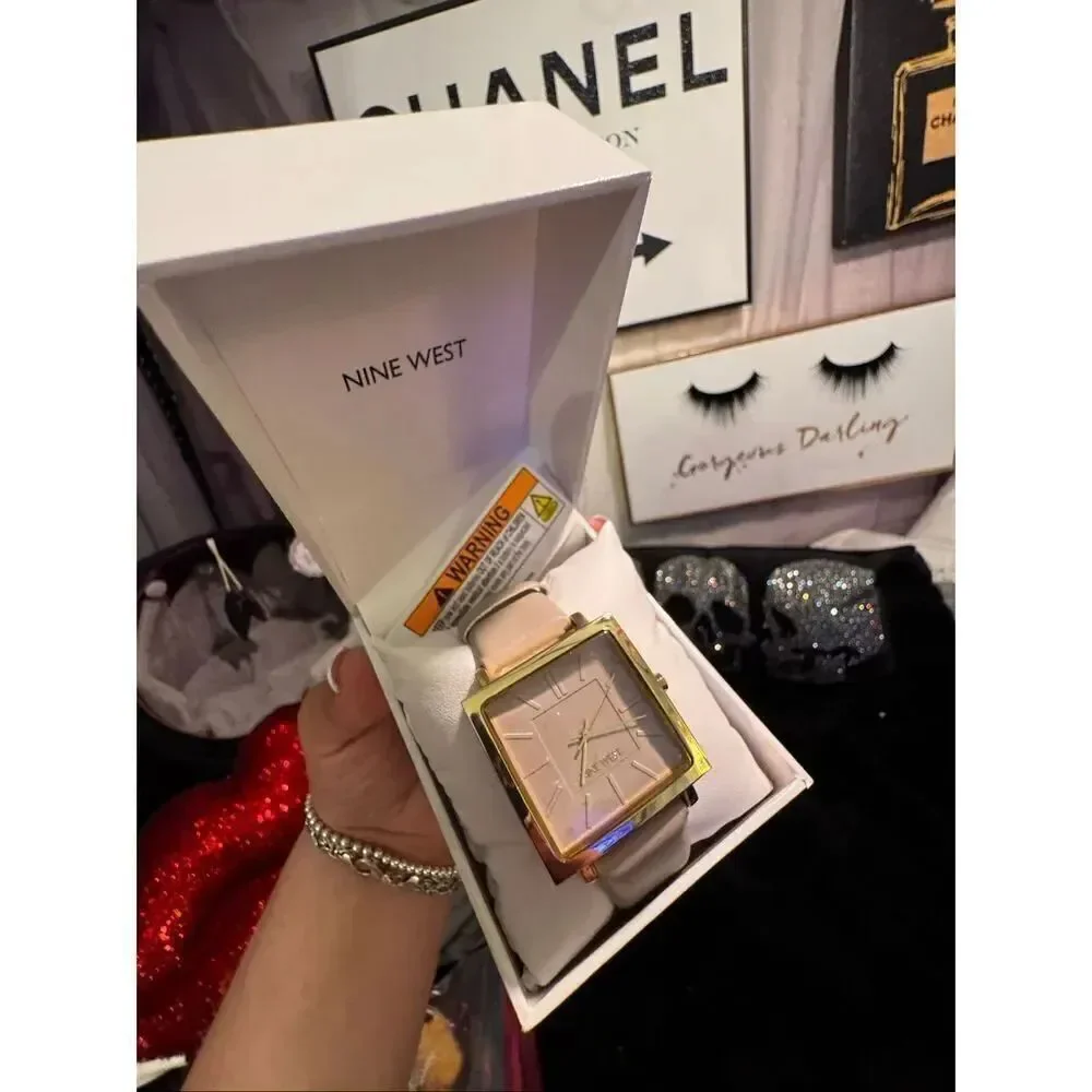 NWT nib women’s tan & gold leather square analog large dial Nine West watch